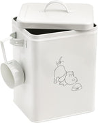SOUJOY Pet Treat and Food Storage Bin with Lid and Scoop, 5LBS White Vintage Farmhouse Storage Tin, Coated Carbon Steel Canister, Gift for Dogs Owners