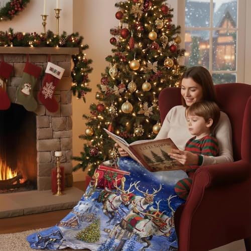 Neasow Christmas Throw Blanket, Santa Claus and Reindeer Sleigh Christmas Eve Moon Design Soft Fuzzy Cozy Flannel Blanket Gift for Family and Friends Home Sofa Couch Chair Decorative 50x60 Inch - Image 5
