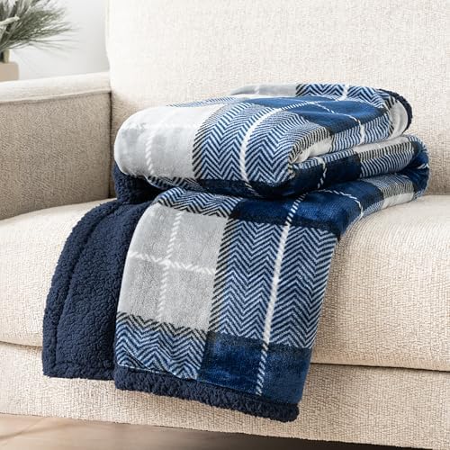 PAVILIA Twin Plaid Sherpa Throw Blanket for Couch Sofa Bed, Navy, 60x80 - Image 4