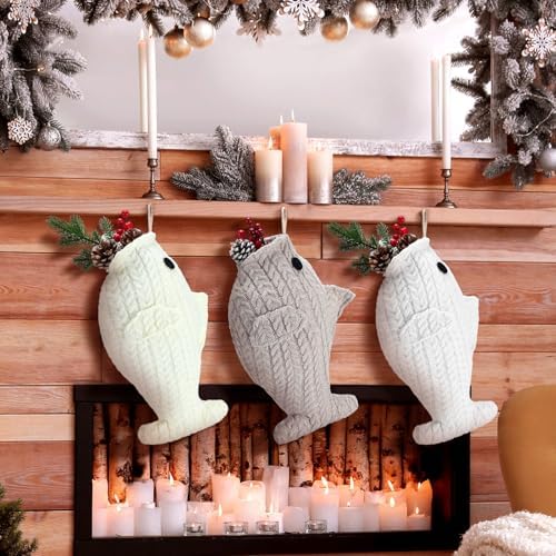 Coume 3 Pcs Cat Xmas Fish Stocking 15.7 in, Multicolor, Knitting by Coume