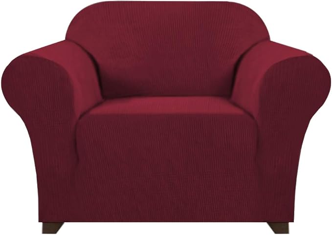 Stretch Chair Covers for Living Room, Washable Armchair Slipcovers, Fitted Chair Slip Cover Jacquard Small Checked Furniture Protector with Elastic Bottom(Armchair 31"-40",Burgundy)