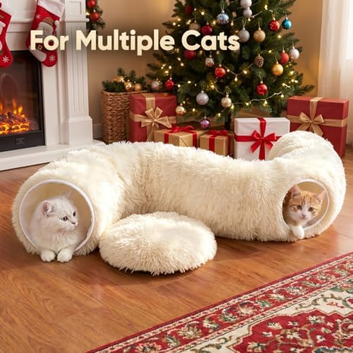 Supet Christmas Cat Tunnel Bed, Plush Tree Skirt with Cushion & Hanging Toy - Image 5