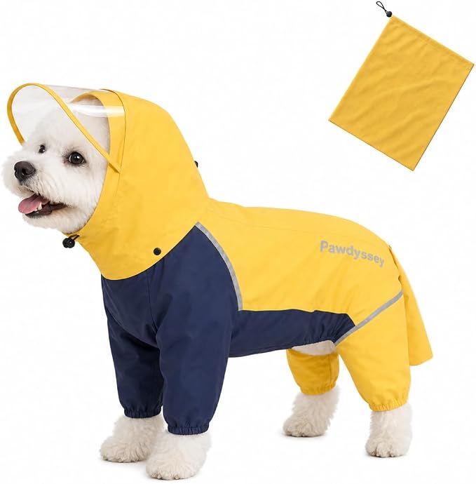 Full-Body Dog Raincoat with Detachable Hood, Waterproof Reflective Dog Rain Jacket with Tail Cover, Adjustable Fit and Leash Portal for Rainy Walks, Bright Yellow, Small