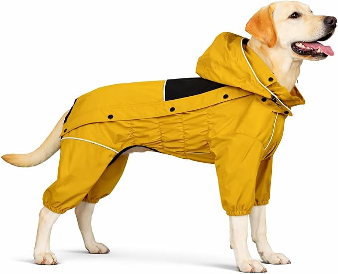 LOVELONGLONG Waterproof Dog Raincoat with Removable Hood – Outdoor Full Body Dog Jacket, Windproof Snowproof Shell Suit – All Season Pet Rain Gear Mustard Yellow XXL
