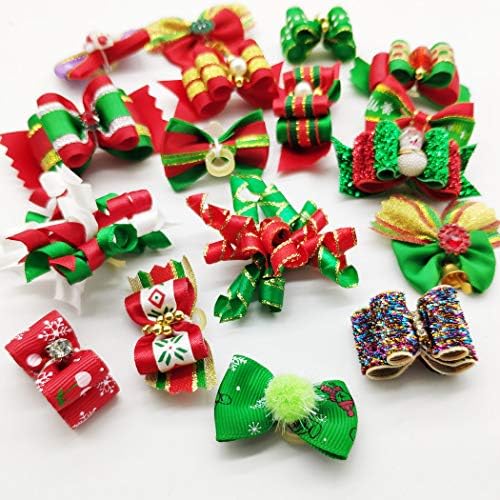 100pcs Dog Puppy Cat Christmas 3D Rhinestone Hair Bows with Rubber Bands Flat Pet Xmas Grooming Accessories - Image 5