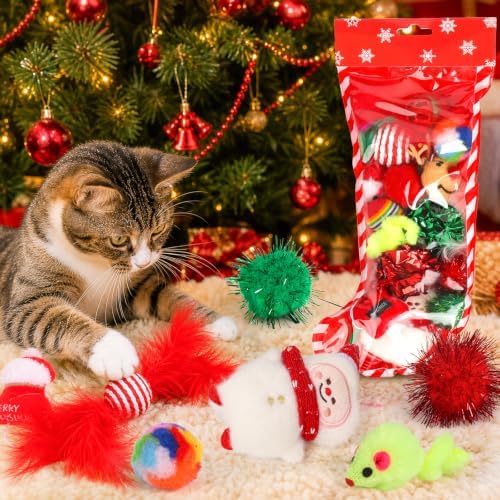 Christmas Stocking Cat Toys, 15PCS Christmas Cat Toy Set with Mouse, Squeaky Toys, Balls, Cat Teaser, Indoor Interactive Cat Toy Gift - Red - Image 4