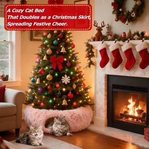 Cat Tunnel Bed Under Christmas, Luxury Donut Cat House Xmas Tree Skirt Tunnel Bed with Washable Cushion, Two-Entry Peekaboo Round Christmas Kitty Donut for Kitten Puppy Rabbit Ferret - Image 2