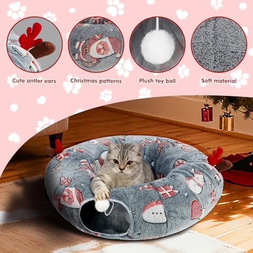 Cat Tunnel Christmas Tree Skirt, Plush Donut Bed for Cats, Grey - Image 3