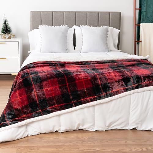 PAVILIA Twin Plaid Sherpa Throw Blanket for Couch Sofa Bed, Black Red 60x80 - Image 2