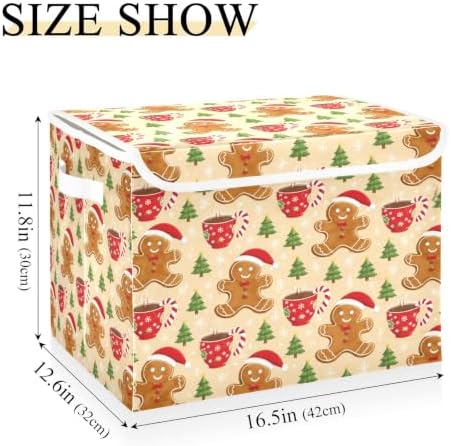 Bolaz Gingerbread Man Holiday Pattern with Christmas Trees and Mugs Storage Bins with Lids and Handles, Storage Box Basket with Cover Collapsible Organizer Containers for Home Closet, Shelves - Image 3