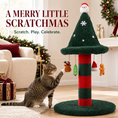 Cat Scratching Post with 4 Hanging Plush Toy - Christmas Tree Alternative Give Your Cat a Toy and Scratching Post in One with This Ultimate Tree 30 * 15 Inch Red Green - Image 2
