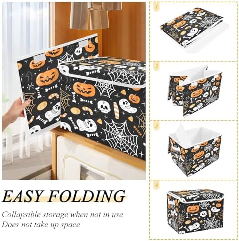 Bolaz Storage Bins with Lids and Handles,Halloween Seamless Pumpkins Spider Web Storage Box Basket with Cover Collapsible Organizer Containers for Home Closet, Shelves - Image 4