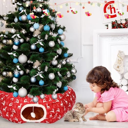 Cat Tunnel Christmas Tree Skirt Cat Bed Indoor 3 ft x 3 ft x 10 Inch Kitten Donut Tunnel with Ball Peekaboo Cave Pet Bed Round Hideaway Holiday Cave Circle Pets Gift(Elk) - Image 7