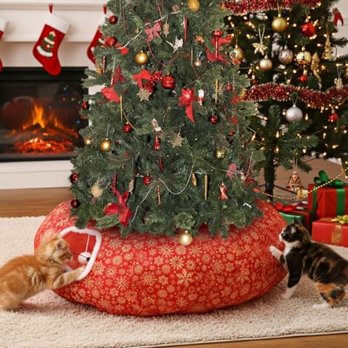 Snowflake Cat Tunnel Bed Under Christmas Tree 36'' Kitten Circle Donut Tunnel Skirt with Ball Mat Decorative Xmas Folding Home Kitty Guard Tube Holiday Party Indoor Pet(Red Gold) - Image 6
