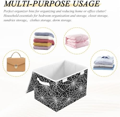 Bolaz Storage Bins with Lids and Handles,Halloween Gray Spider Web Storage Box Basket with Cover Collapsible Organizer Containers for Home Closet, Shelves - Image 7