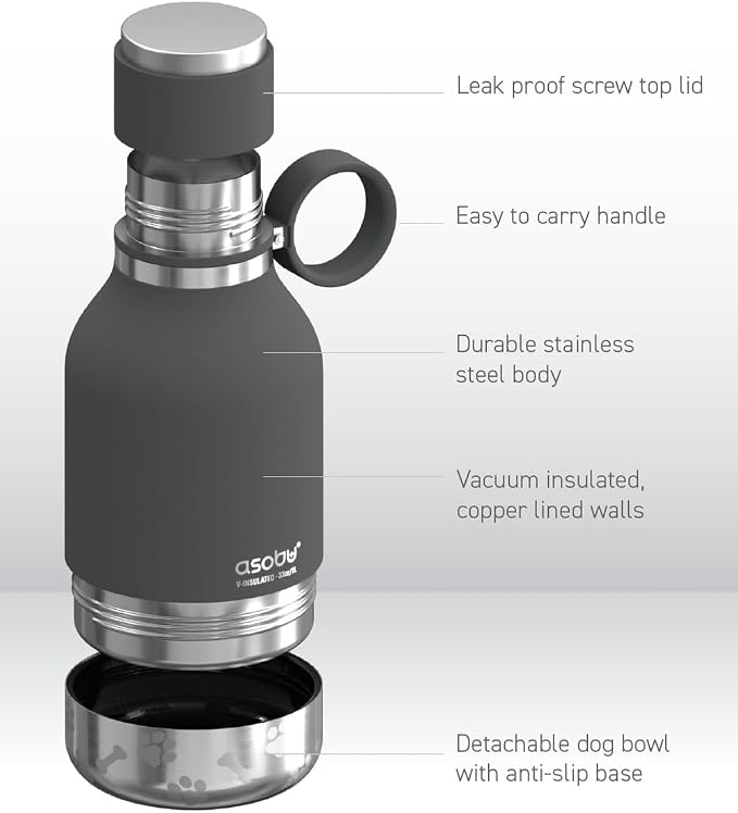 Asobu Dog Bowl Attached to Stainless Steel Insulated Travel Bottle for Human 37oz/1.1 Liter with Detachable Dog Bowl (Smoke)