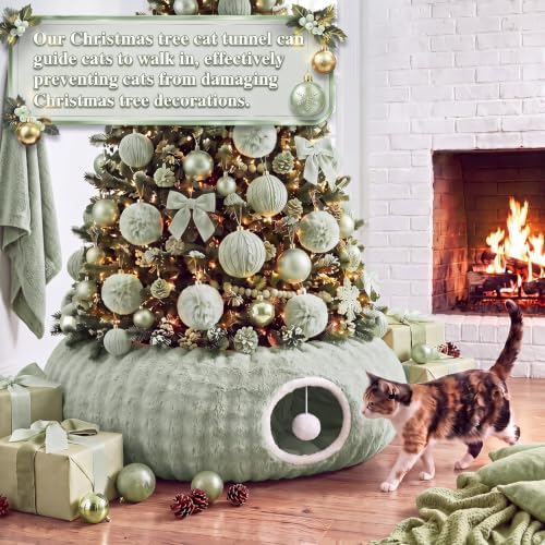 Christmas Tree Cat Tunnel 36 in Donut Bed, Green, Bubble Fleece, Fluffy - Image 2
