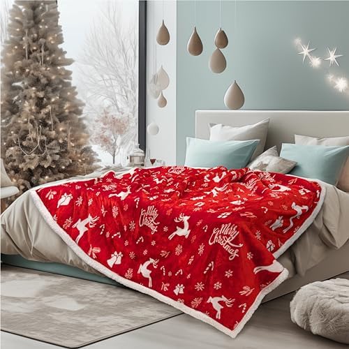 PAVILIA Red Reindeer Christmas Sherpa Throw Blanket, Ultra Soft Reversible Fleece Sherpa 50x60 Winter Blanket for Couch & Bed, Cozy Christmas Home Decor Holiday - Image 3