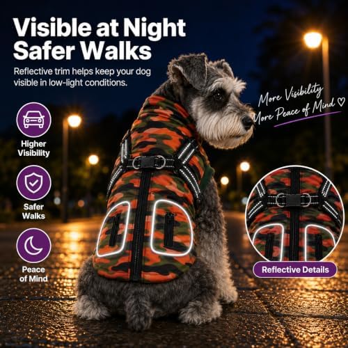 Dog Winter Coat for Large Dogs with Harness, Orange Camo, XL - Image 4