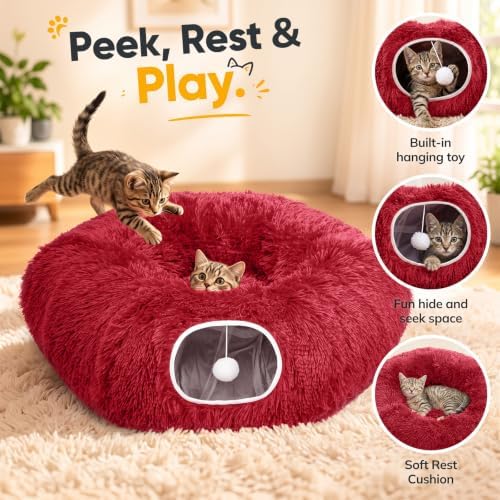 Supet Christmas Cat Tunnel Bed, Plush Tree Skirt with Cushion & Hanging Toy - Image 3
