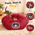 Supet Christmas Cat Tunnel Bed, Plush Tree Skirt with Cushion & Hanging Toy - Image 3