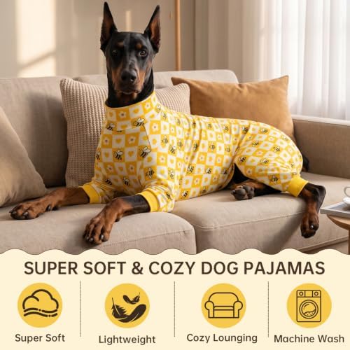 Dog Soft Onesie Pajamas for Large Dogs, All-Season Yellow Bee Print - Image 3