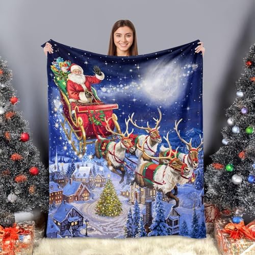 Neasow Christmas Throw Blanket, Santa Claus and Reindeer Sleigh Christmas Eve Moon Design Soft Fuzzy Cozy Flannel Blanket Gift for Family and Friends Home Sofa Couch Chair Decorative 50x60 Inch - Image 2