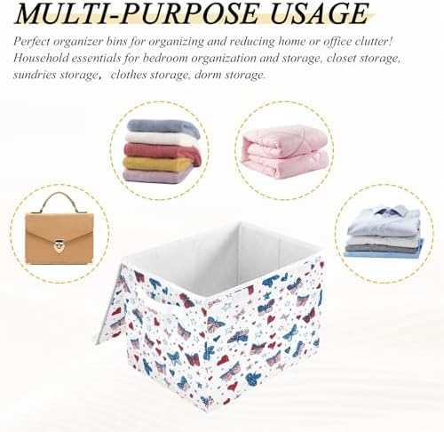 Bolaz Storage Bins with Lids and Handles,Butterfly Flag Stars Pattern Storage Box Basket with Cover Collapsible Organizer Containers for Home Closet, Shelves - Image 7