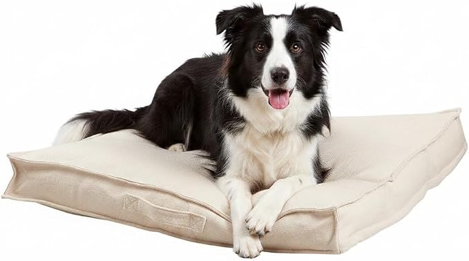 Indoor Dog Bed with Removable Washable Cover, Soft Basketweave Fabric, Reversible Cushion, Carry Handle, Baffle Construction to Help Prevent Fill Shifting, Cream - Medium (32"x32")