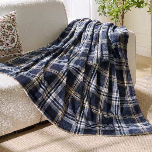 BEDELITE Tartan Plaid Fleece Twin Blanket for Couch, Navy, 60"x80" by BEDELITE
