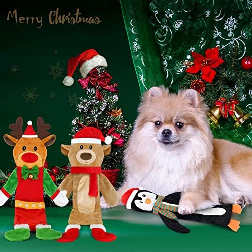 3 Pack Christmas Squeaky Dog Toys, Plush No Stuffing Toy for Dog Puppy, Durable Chew Bite Toys for Small Medium Large Dogs, Interactive Xmas Reindeer, Penguin, Bear for Aggressive Chewers - Image 5