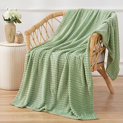 Puncuntex Fleece Throw Blanket Sage Green 50"×60" with Square Grid Design by Puncuntex