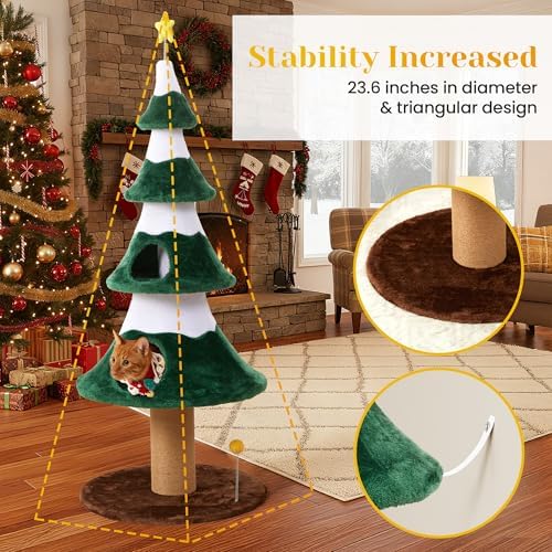 62" Cat Tower for Indoor Cats, Multi-Level Wooden Cat Tree with Sisal Scratching Posts, Cozy Cat Beds & Modern Holiday Design, Green - Image 6