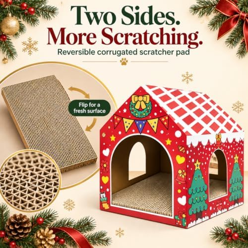 Christmas Cardboard Cat House for Indoor Cats with Scratcher Pad, Xmas House Holiday Hideout Decorations - Image 3