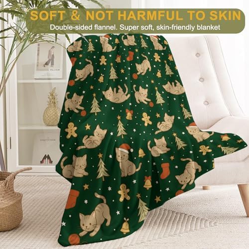 Cute Cat Christmas Decorative Throw Blanket, Kitten Gingerbread Tree Bell Print Decoration, Soft Flannel Winter Blankets for Couch Bed Sofa, Holiday Home Decor, Xmas Festival Gifts 60x80 Inch - Image 2