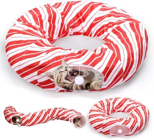 Leyndo 37 x 10 Inches Candy Cane Cat Tunnel Christmas Tree Skirt Bed Under Christmas Tree Cat Cave Donut with Central Mat Festive Decor for Small Medium Large Cats, Kittens, Rabbit - Image 2