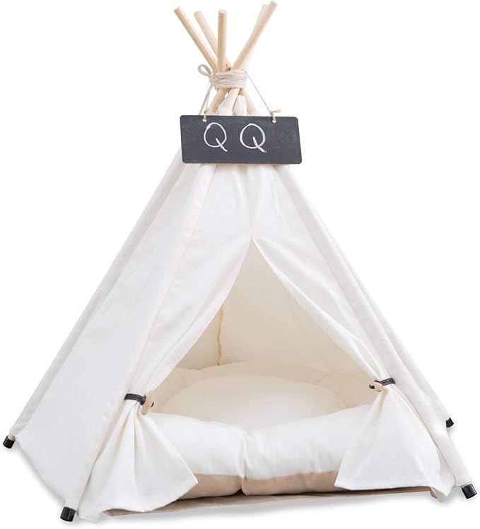 Dog Teepee Bed Cat Tent Portable Houses Pet Puppy with Thick Cushion (L:Size fits 15kg/33lbs (Pets)) | (White, L:Size fits 15kg/33lbs (Pets))