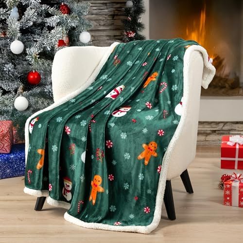 PAVILIA Green Christmas Sherpa Throw Blanket, Gingerbread Snowman Holiday Pattern, Soft Reversible Fleece & Sherpa 50x60 Winter Blanket for Couch & Bed, Cozy Christmas Decor - Image 2