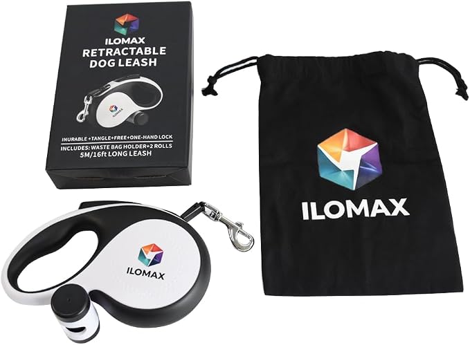 ILOMAX 360° Tangle-Free Retractable Dog Leash Built-in Waste Bag Dispenser Under Handle 2 Rolls Poop Bags Included Heavy Duty Tape Leash for Dogs up to 50kg Carry Pouch Included (White, XL)