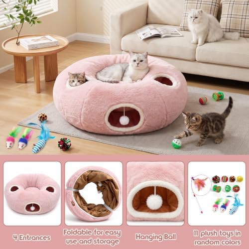 Cat Tunnel Bed with 11 Cat Toys for Indoor Cats, Pink Plush 4-Entrance - Image 4