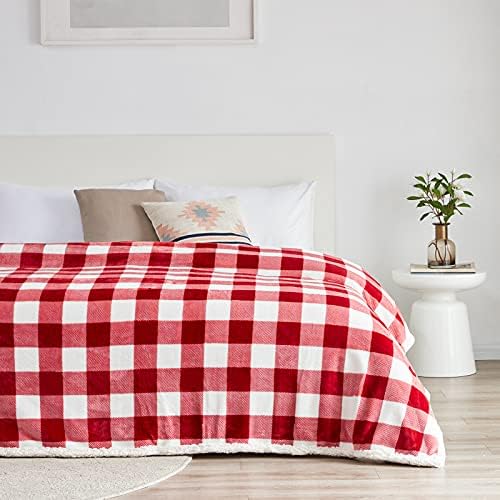 Touchat Sherpa Red and White Buffalo Plaid Christmas Twin Blanket 60" X 70", Fuzzy Fluffy Soft Cozy Blankets, Fleece Flannel Plush Microfiber Throw for Couch Bed Sofa (Red and White) - Image 4
