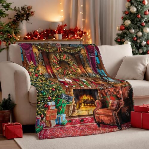 Neasow Christmas Throw Blanket, Christmas Eve Fireplace Tree and Puppy Design Soft Fuzzy Cozy Flannel Blanket Gift for Family and Friends Home Sofa Couch Chair Decorative 50x60 Inch by Neasow
