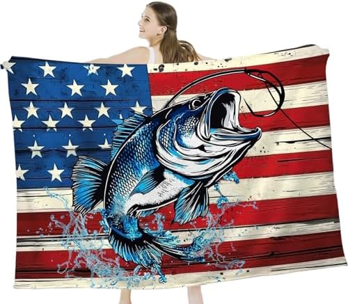 Bass Fish Blanket American Flag Fishing Throw Stuff Gifts 60"x50" - Image 4