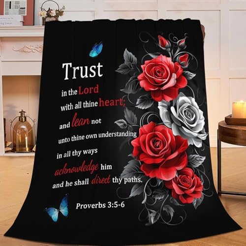 Christian Blanket Bible Verse Throw Blanket Red Rose Inspirational Religious Spiritual Gifts for Girls Boys Kids Adults Women Men Soft Cozy Plush Fluffy Fuzzy Fleece Blanket Decor 50''X60'' - Image 2