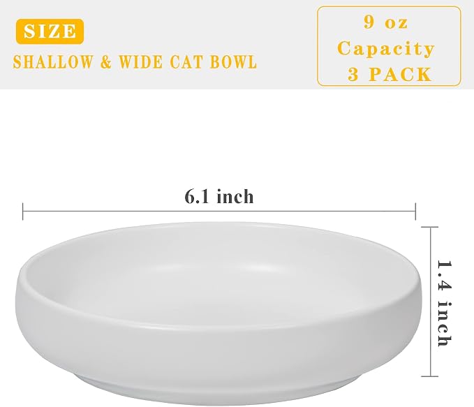 Ceramic Cat Bowls,Shallow Cat Dishes for Food and Water, 6 inch Matte Finish Wide Cat Food Bowl,Whisker Fatigue Free Pet Puppy Kitten Bowl Set of 3,Dishwasher Safe