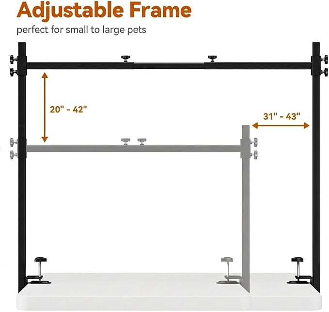 H Shape Dog Grooming Arm for Table, S Size Hammock, 42" H, 31-43" W | Heavy Duty, Adjustable Grooming Stand, Clamp Fits up to 2.76", with Hammock & 2 Nooses for Home Grooming & Nail Trimming