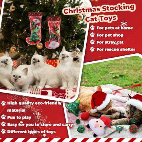 Shappy 2 Sets 22 Pcs Christmas Cat Stocking Toys with Cat Sticks Shaped Santa, Xmas Tree, Yarn Balls, Toy Mouse, Xmas Stocking Pet Set, Interactive Pet Gifts - Image 6