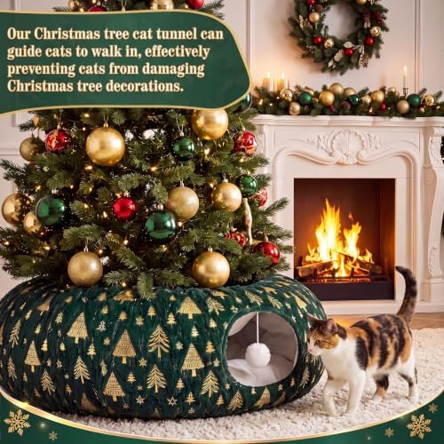 Christmas Tree Cat Tunnel 36 in Donut Bed, Green, Polyester, Gold Foiling - Image 2