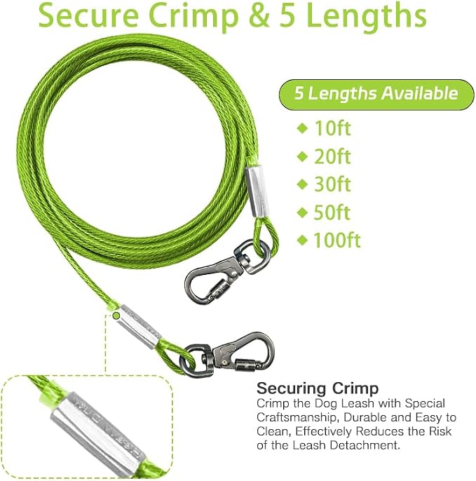 Dog Tie Out Cable - Chew Proof Steel Wire Lead - 360° Tangle Free Outdoor Leash for Pups - Dog Runner Cable for Small to Medium Dogs (Green, 45lbs/50ft)