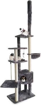 Furhaven 100"-113" Tall Cat Tree for Indoor Cats w/ Adjustable Height, Ft. Sisal Scratching Posts, Condo, & Toys - Tiger Tough Skyscraper Interactive Playground Tower - Gray, One Size